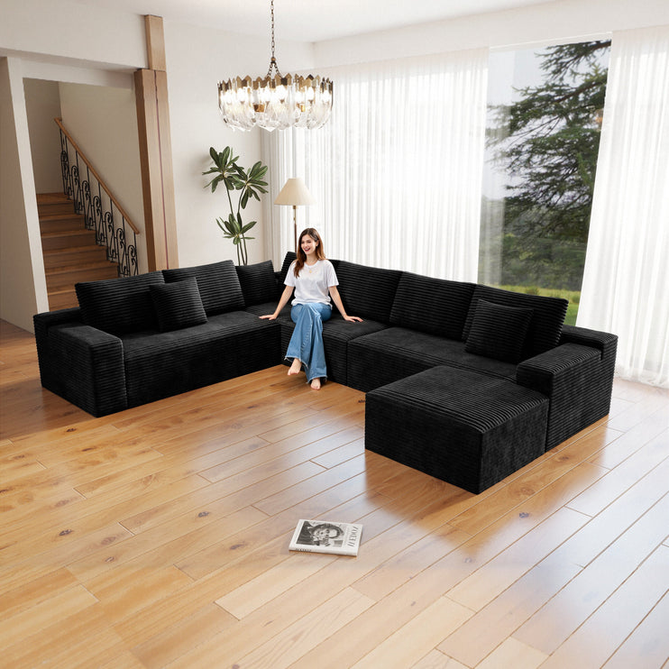 137.8*104.3"Modular sectional sofa seat,Upholstered compressed couch for living room,Bedroom,Apartment,No assembly required,4 PC free combination,Plush corduroy fabric,BLACK