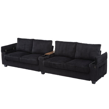 4-seater Corduroy Sofa Couch 133" Modern Sofa with USB Ports, Hidden Storage Arms, Flip-Top Cup Holders for Living Room, Black