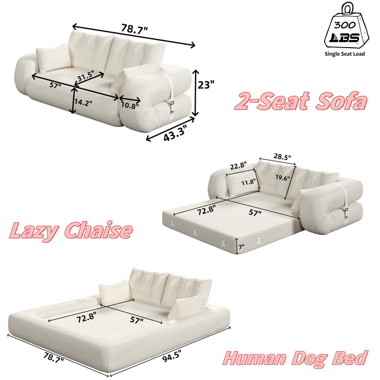 Human Dog Bed, Lazy Sofa Couch, 78.7" Multi-Functional Foldable Sofa Bed, 3-in-1 Teddy Fabric Foam-Filled Sleeper Sofa Bed for Living Room,Guest Bed,Playroom,Pink