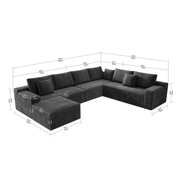 137.8*104.3"Modular sectional sofa seat,Upholstered compressed couch for living room,Bedroom,Apartment,No assembly required,4 PC free combination,Plush corduroy fabric,GREY