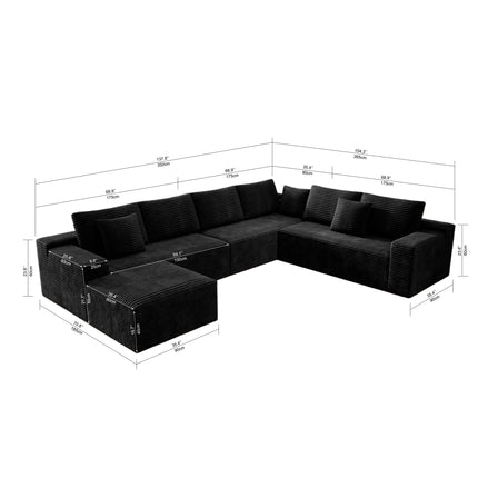 137.8*104.3"Modular sectional sofa seat,Upholstered compressed couch for living room,Bedroom,Apartment,No assembly required,4 PC free combination,Plush corduroy fabric,BLACK