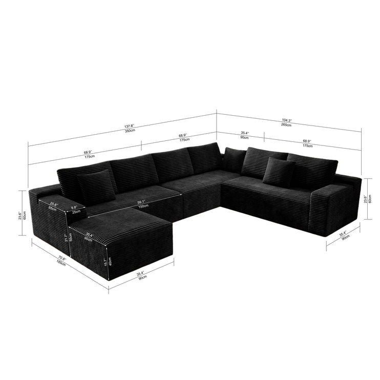 137.8*104.3"Modular sectional sofa seat,Upholstered compressed couch for living room,Bedroom,Apartment,No assembly required,4 PC free combination,Plush corduroy fabric,BLACK