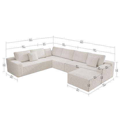 137.8*104.3"Modular sectional sofa seat,Upholstered compressed couch for living room,Bedroom,Apartment,No assembly required,4 PC free combination,Plush corduroy fabric,WHITE