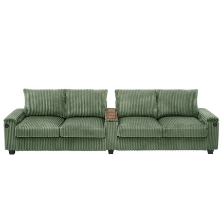 4-seater Corduroy Sofa Couch 133" Modern Sofa with USB Ports, Hidden Storage Arms, Flip-Top Cup Holders for Living Room, Green