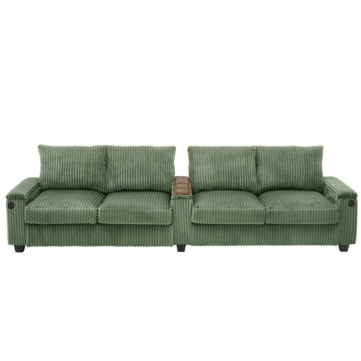 4-seater Corduroy Sofa Couch 133" Modern Sofa with USB Ports, Hidden Storage Arms, Flip-Top Cup Holders for Living Room, Green