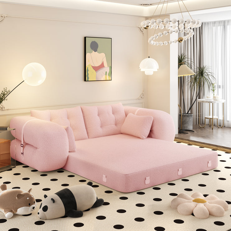 Human Dog Bed, Lazy Sofa Couch, 78.7" Multi-Functional Foldable Sofa Bed, 3-in-1 Teddy Fabric Foam-Filled Sleeper Sofa Bed for Living Room,Guest Bed,Playroom,Pink