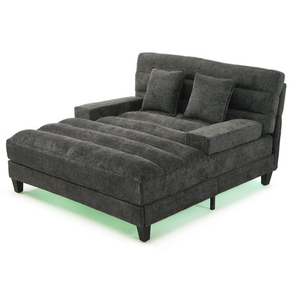 Modern Chaise Lounge Sofa 57.1" Sofa Bed Chenille Upholstered Lounge Sofa Chair with Adjustable Backrest and LED Light Strip for Living Room, Grey