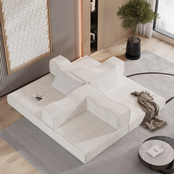 80" Convertible Couch Bed with 2 Pillows, 3-Seat Folding Floor Couch & King Size Bed Mattress, DIY Combination,Chenille,BEIGE/WHITE