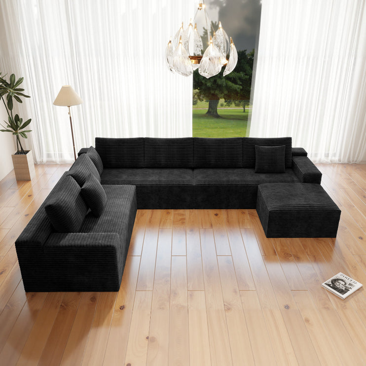 137.8*104.3"Modular sectional sofa seat,Upholstered compressed couch for living room,Bedroom,Apartment,No assembly required,4 PC free combination,Plush corduroy fabric,BLACK