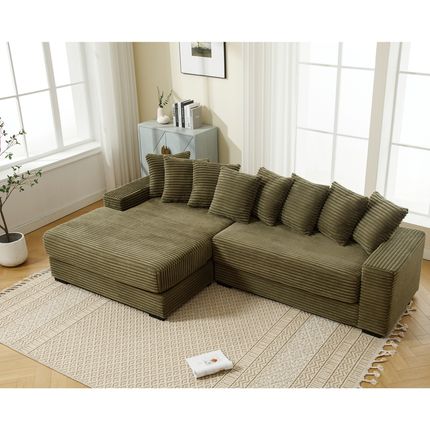 Oversized Two-Piece Couches, L Shaped Sofa, Corduroy, Left Chaise Daybed,with Armrests,Eight Throw Pillows,Corner Sofa,Easy To Assemble, Green