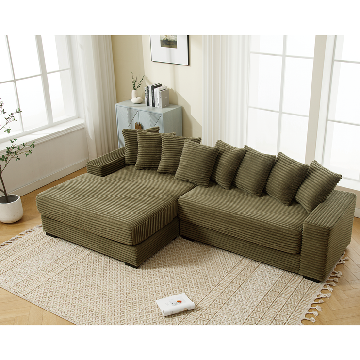 Oversized Two-Piece Couches, L Shaped Sofa, Corduroy, Left Chaise Daybed,with Armrests,Eight Throw Pillows,Corner Sofa,Easy To Assemble, Green