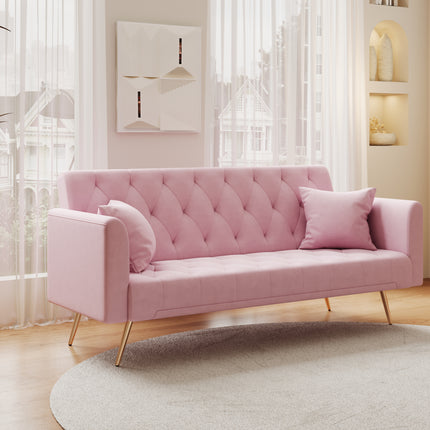 71 inch convertible love seat sofa, American retro pink velvet, suitable for small living room, bedroom, office