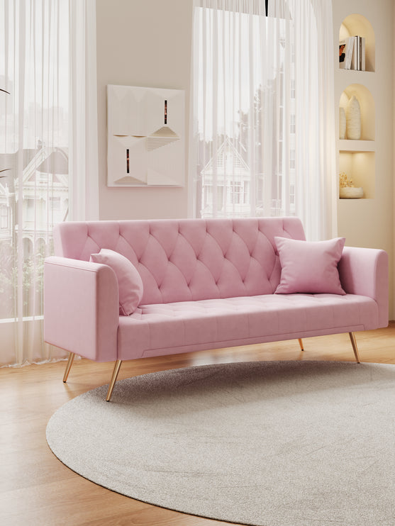 71 inch convertible love seat sofa, American retro pink velvet, suitable for small living room, bedroom, office