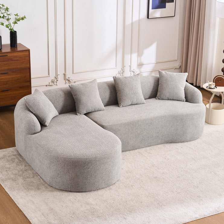 Boneless L-Shape Sectional Sofa with Curved Chaise,Grey Modular Chenille Compression Couch,30D High-Density Foam,Minimalist Modular Couches Sleeper for Living Room Bedroom Apartment Lounge