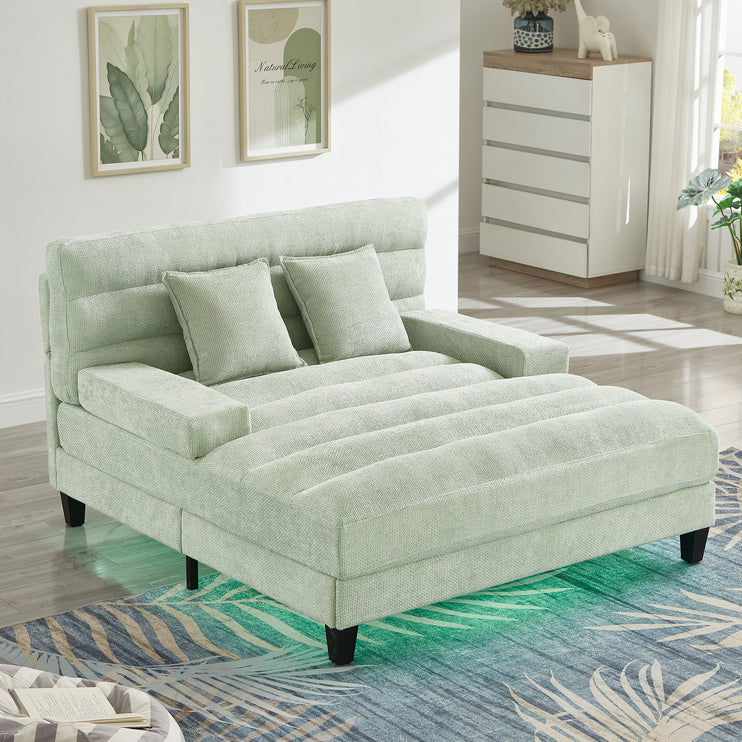 Modern Chaise Lounge Sofa 57.1" Sofa Bed Chenille Upholstered Lounge Sofa Chair with Adjustable Backrest and LED Light Strip for Living Room, Green