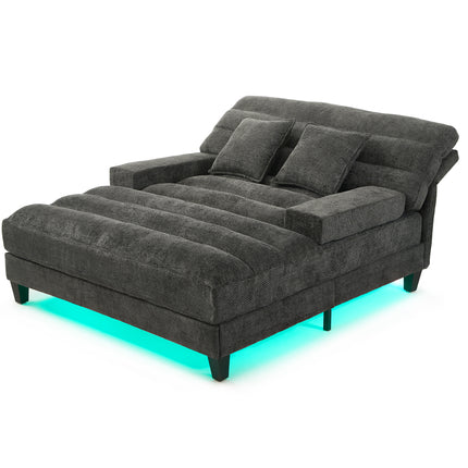 Modern Chaise Lounge Sofa 57.1" Sofa Bed Chenille Upholstered Lounge Sofa Chair with Adjustable Backrest and LED Light Strip for Living Room, Grey
