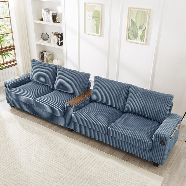 4-seater Corduroy Sofa Couch 133" Modern Sofa with USB Ports, Hidden Storage Arms, Flip-Top Cup Holders for Living Room, Blue