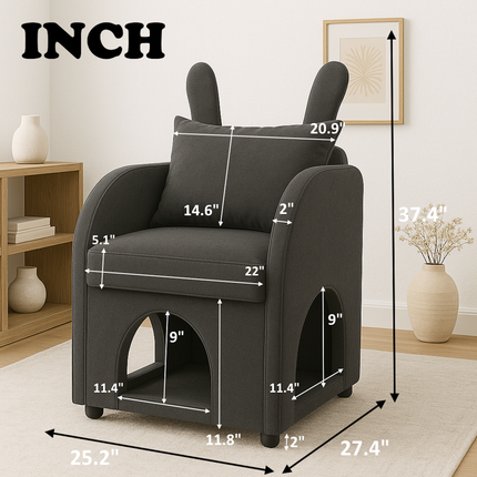 Dark Gray Bunny-Ear Pet-Friendly Armchair with Scratch-Resistant Fabric, Triple-Entry Pet Hideaway Openings, Dual-Use Sofa Chair, 27.4 x 25.2 x 37.4 inch