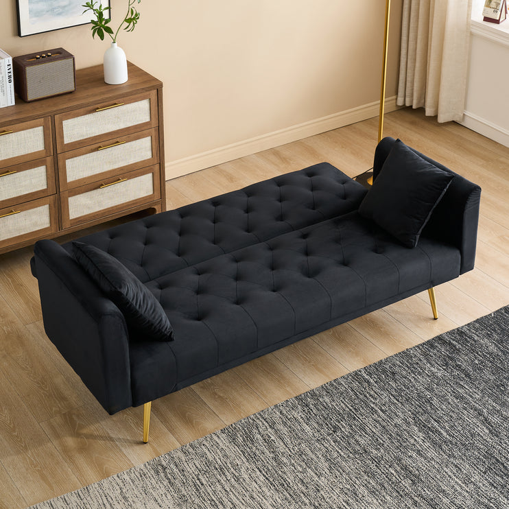 71-inch foldable double sofa, with American retro style, made of black velvet material, suitable for small living rooms, bedrooms and offices