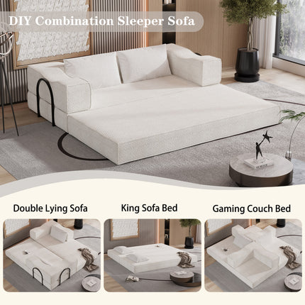 80" Convertible Couch Bed with 2 Pillows, 3-Seat Folding Floor Couch & King Size Bed Mattress, DIY Combination,Chenille,BEIGE/WHITE