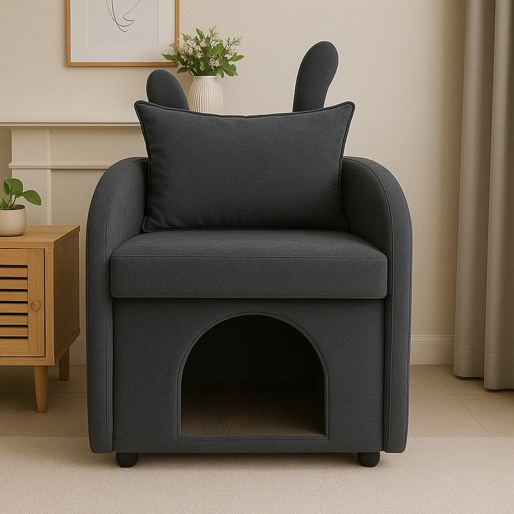 Dark Gray Bunny-Ear Pet-Friendly Armchair with Scratch-Resistant Fabric, Built-in Cat & Dog Hideaway, Dual-Use Sofa Chair with Side Pocket, 27.4 x 25.2 x 37.4 inch