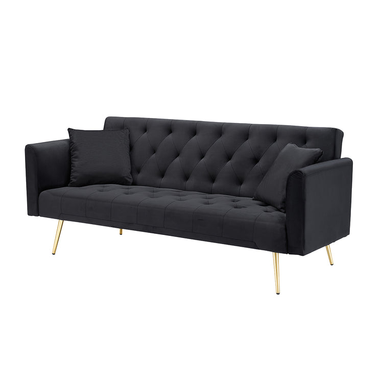 71-inch foldable double sofa, with American retro style, made of black velvet material, suitable for small living rooms, bedrooms and offices