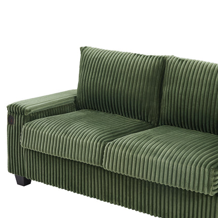 4-seater Corduroy Sofa Couch 133" Modern Sofa with USB Ports, Hidden Storage Arms, Flip-Top Cup Holders for Living Room, Green