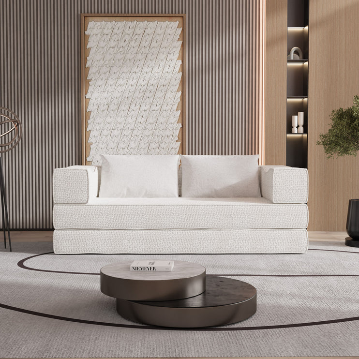 80" Convertible Couch Bed with 2 Pillows, 3-Seat Folding Floor Couch & King Size Bed Mattress, DIY Combination,Chenille,BEIGE/WHITE