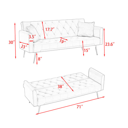 71-inch foldable double sofa, with American retro style, made of black velvet material, suitable for small living rooms, bedrooms and offices