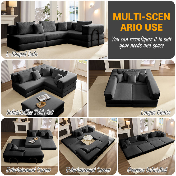 Oversized Upholstered Sectional Sofa Couch Set,Modular 118.2" L Shaped Floor Living Room Sofa Set With 6 Pillows,DIY Combination Sofa Couch for living rooms, apartments,bedrooms,Black