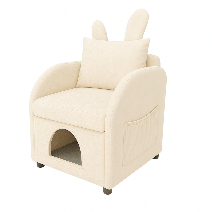 Beige Bunny-Ear Pet-Friendly Armchair with Built-in Cat & Dog Hideaway, Cozy Dual-Use Sofa Chair with Side Pocket, 27.4 x 25.2 x 37.4 inch