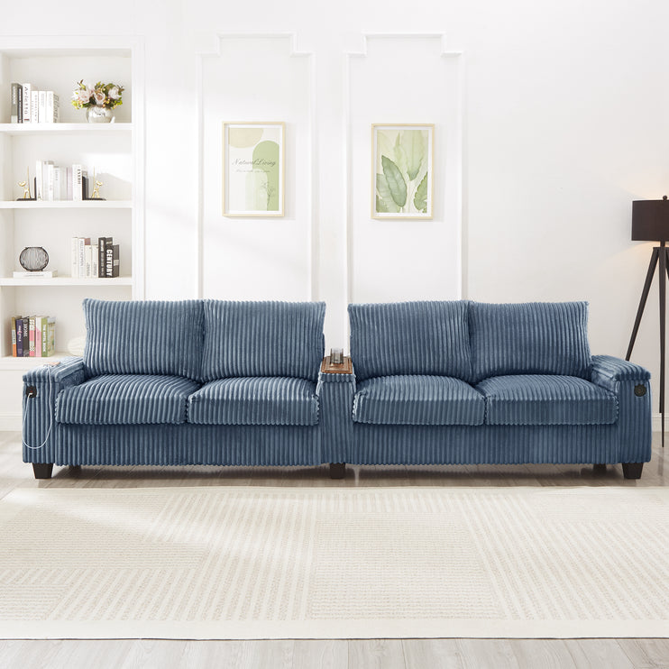 4-seater Corduroy Sofa Couch 133" Modern Sofa with USB Ports, Hidden Storage Arms, Flip-Top Cup Holders for Living Room, Blue