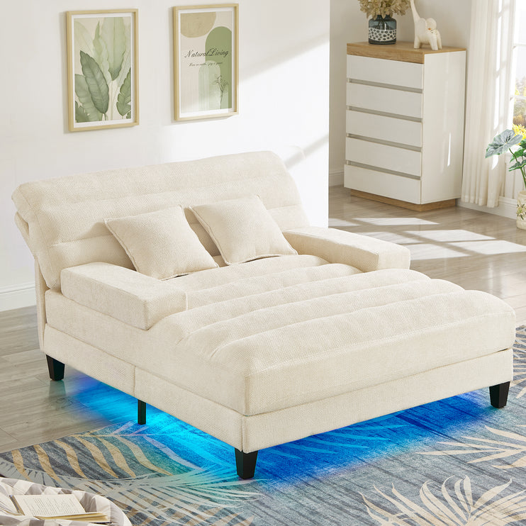 Modern Chaise Lounge Sofa 57.1" Sofa Bed Chenille Upholstered Lounge Sofa Chair with Adjustable Backrest and LED Light Strip for Living Room, Beige