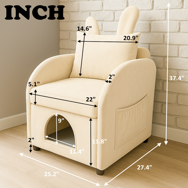 Beige Bunny-Ear Pet-Friendly Armchair with Built-in Cat & Dog Hideaway, Cozy Dual-Use Sofa Chair with Side Pocket, 27.4 x 25.2 x 37.4 inch