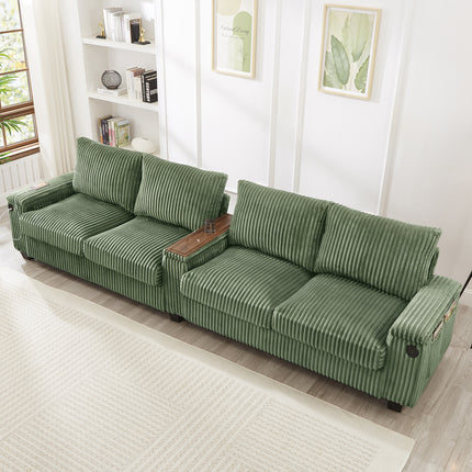 4-seater Corduroy Sofa Couch 133" Modern Sofa with USB Ports, Hidden Storage Arms, Flip-Top Cup Holders for Living Room, Green
