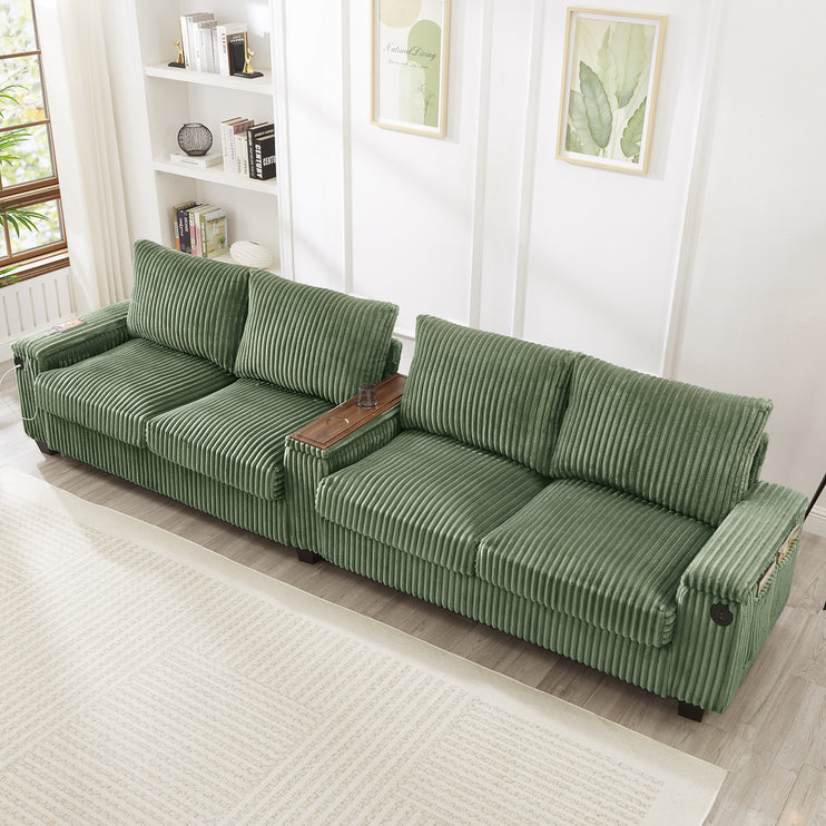 4-seater Corduroy Sofa Couch 133" Modern Sofa with USB Ports, Hidden Storage Arms, Flip-Top Cup Holders for Living Room, Green