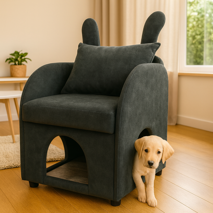 Dark Gray Bunny-Ear Pet-Friendly Armchair with Scratch-Resistant Fabric, Triple-Entry Pet Hideaway Openings, Dual-Use Sofa Chair, 27.4 x 25.2 x 37.4 inch