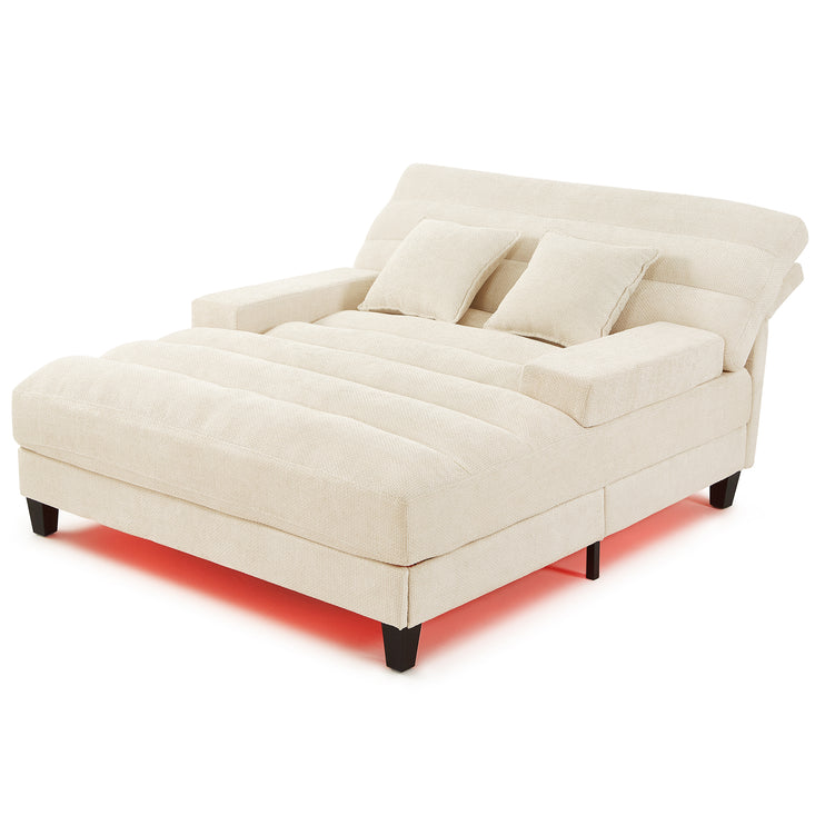 Modern Chaise Lounge Sofa 57.1" Sofa Bed Chenille Upholstered Lounge Sofa Chair with Adjustable Backrest and LED Light Strip for Living Room, Beige
