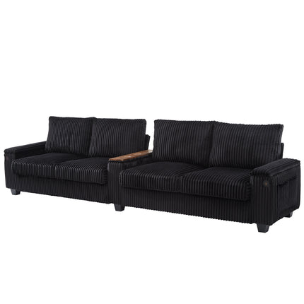 4-seater Corduroy Sofa Couch 133" Modern Sofa with USB Ports, Hidden Storage Arms, Flip-Top Cup Holders for Living Room, Black