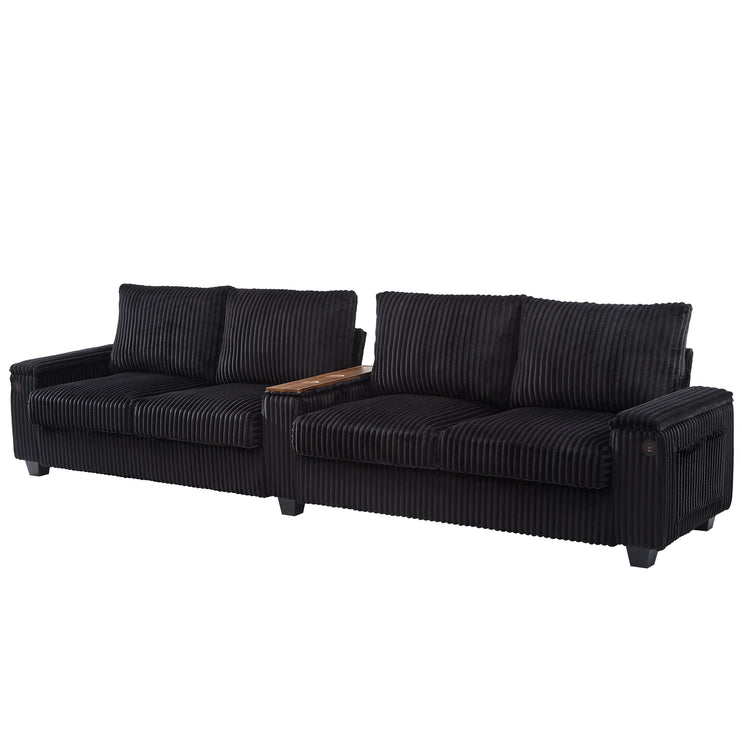 4-seater Corduroy Sofa Couch 133" Modern Sofa with USB Ports, Hidden Storage Arms, Flip-Top Cup Holders for Living Room, Black