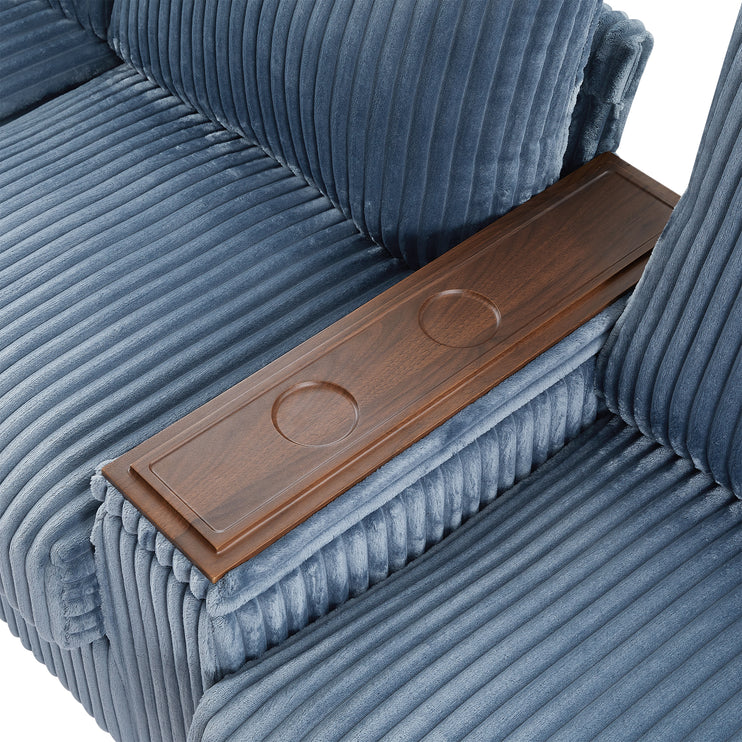 4-seater Corduroy Sofa Couch 133" Modern Sofa with USB Ports, Hidden Storage Arms, Flip-Top Cup Holders for Living Room, Blue
