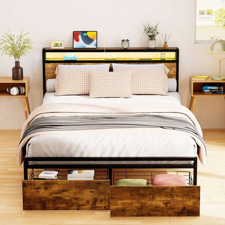 Full/ Queen Bed Frame with Charging Station & Storage Drawers, Wooden & Metal Bed Frame