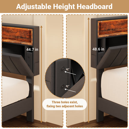 Full/Queen Upholstered Bed Frame with Charging Station & Hidden Storage Headboard, Wooden Bed Frame