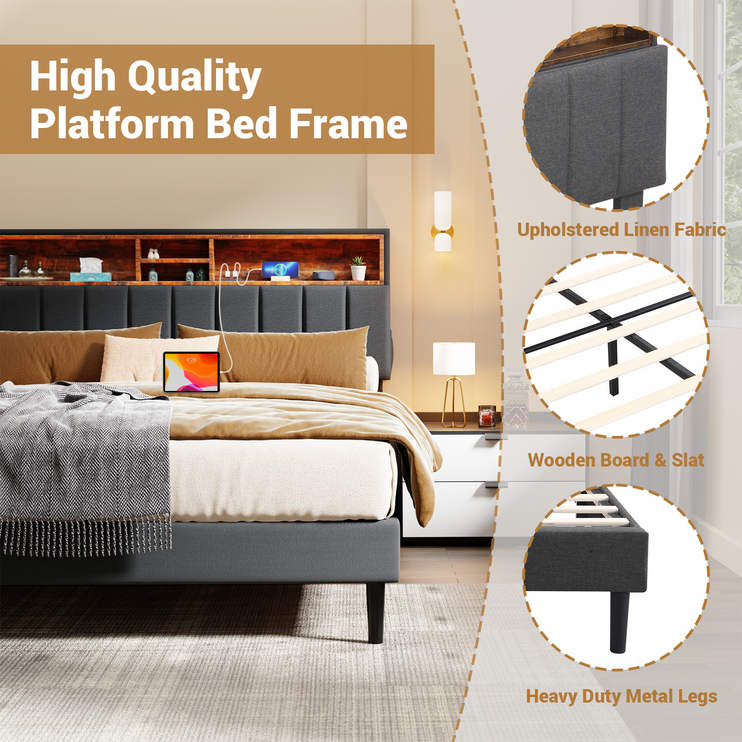 Full/Queen Upholstered Bed Frame with Charging Station & Hidden Storage Headboard, Wooden Bed Frame