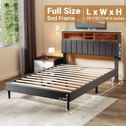 Full/Queen Upholstered Bed Frame with Charging Station & Hidden Storage Headboard, Wooden Bed Frame