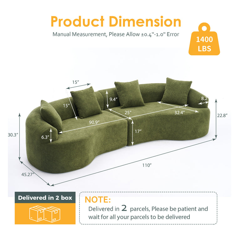 Curved Boneless Sofa,Compression Modular 110'' Sectional,Green High-Density,Couches Sleeper for Living Room Bedroom Apartment Lounge,Chenille