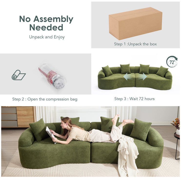 Curved Boneless Sofa,Compression Modular 110'' Sectional,Green High-Density,Couches Sleeper for Living Room Bedroom Apartment Lounge,Chenille