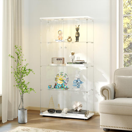 Tempered Glass Display Cabinet with Lights, 4-Tier Curio Cabinet with Glass Doors and Lock, Glass Display Case for Collectibles, for Living Room, Bedroom, Office, Double Door, White