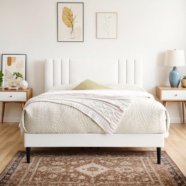 Upholstered Bed Frame King, PU Leather Upholstered Bed Frame with Headboard, Mattress Foundation with Sturdy Wooden Slats, No Box Spring Needed, No Noise, White