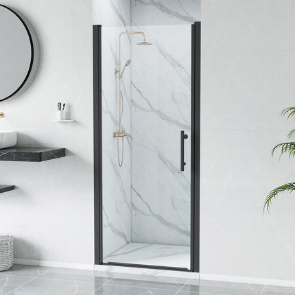 Adjustable 34-35.5" W x 75" H Semi-Frameless Pivot Shower Door, 1/4" (6mm) Clear Tempered Glass Shower Door, Pivot Swing Shower Glass Door, Reversible Installation, Black
